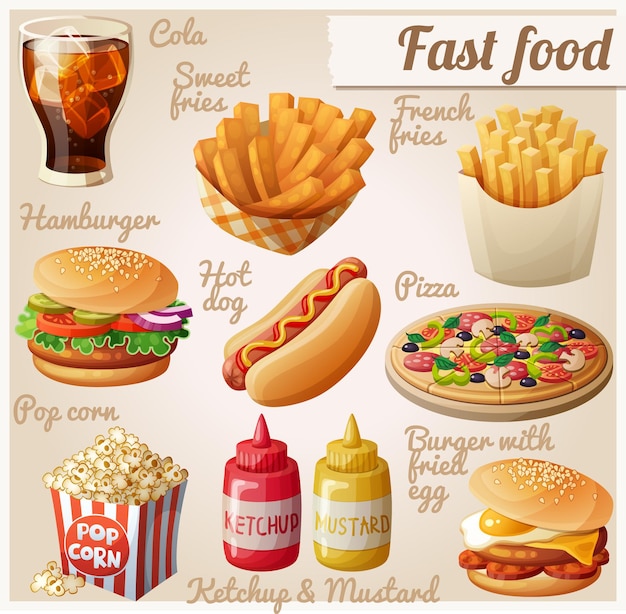 Fastfood set cartoon vector voedsel pictogrammen Premium Vector