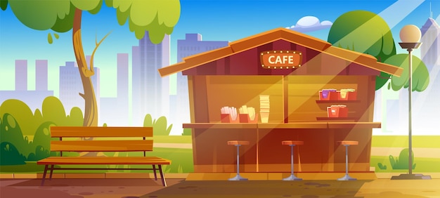 Gratis vector fastfoodcafé in het openbare park van de stad cartoon vector landschap van de tuin met groene bomen bank en kiosk met snacks en stoelen op de achtergrond van meerverdiepingen gebouwen zomer of lente straat scène