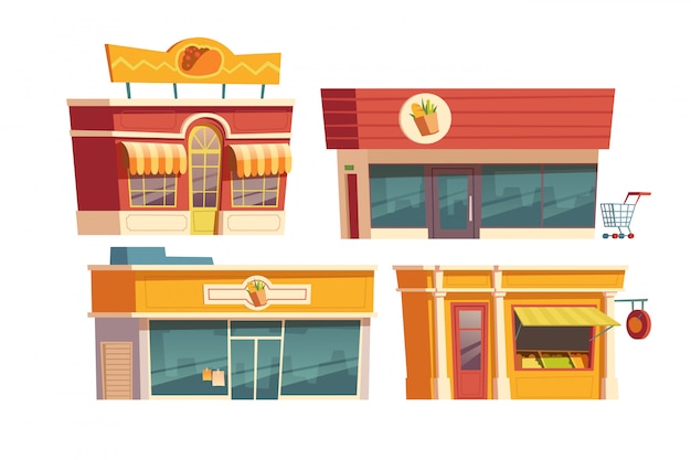 Fastfoodrestaurant en winkels die beeldverhaal bouwen