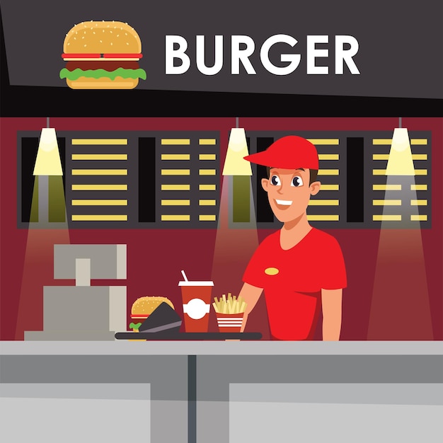 Gratis vector fastfoodrestaurant met jonge verkoper cafetaria maaltijd catering zakelijke afhaalservice met smakelijke burgerfrisdrank en friet