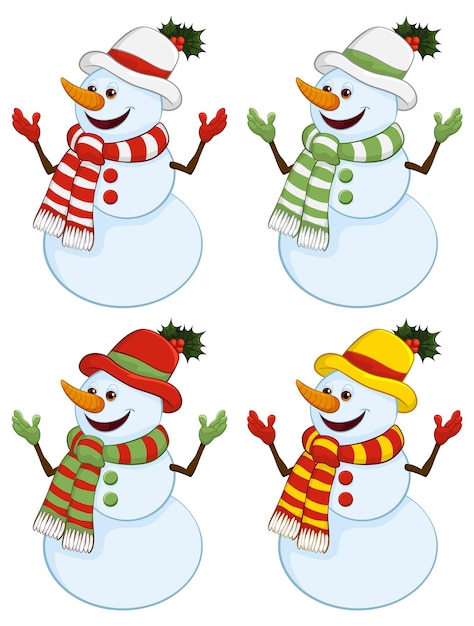 Gratis vector feestelijke sneeuwmannen in kleurrijke winterkleding