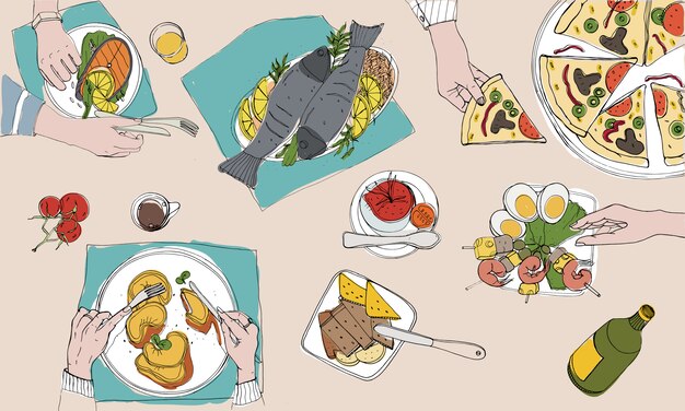 Feestelijke Tafel Gedekte Tafel Vakantie Hand Getekende Kleurrijke Illustratie Bovenaanzicht Premium Vector