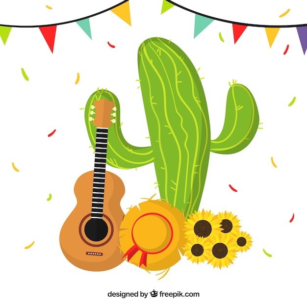 Gratis vector festa junina-achtergrond met cactus en gitaar