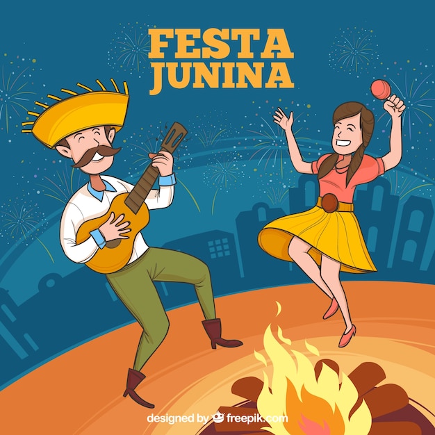 Gratis vector festa junina-achtergrond met en mensen die spelen dansen