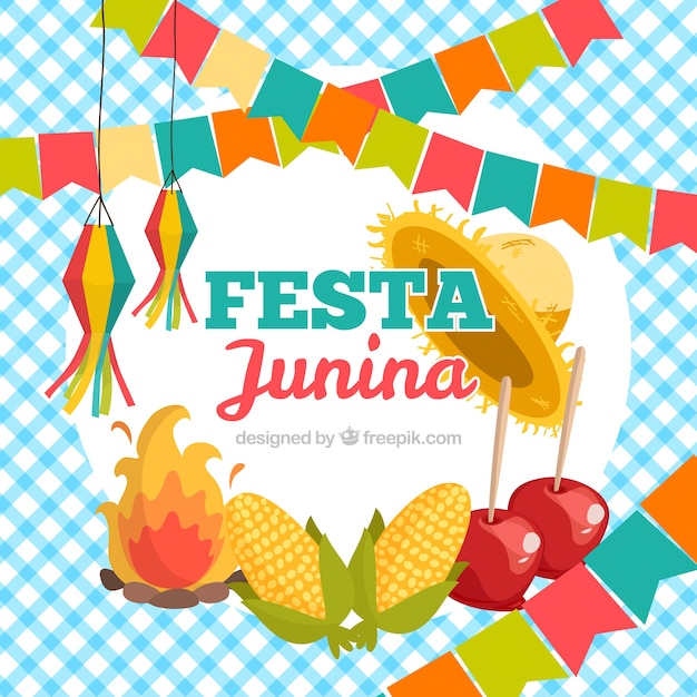 Gratis vector festa junina achtergrond met traditionele elementen