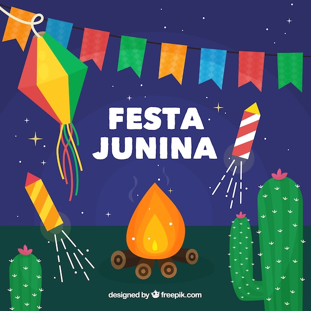 Gratis vector festa junina achtergrond met vreugdevuur