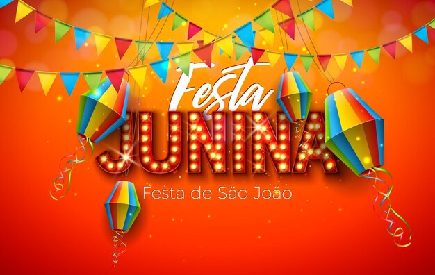 Festa Junina Design met papieren lantaarn en gloeilamp Billboard Letter Vector Brazil Sao Joao Fest