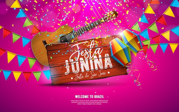 Festa Junina-illustratie met vlaggen van de akoestische gitaarpartij en papieren lantaarn op gele achtergrond