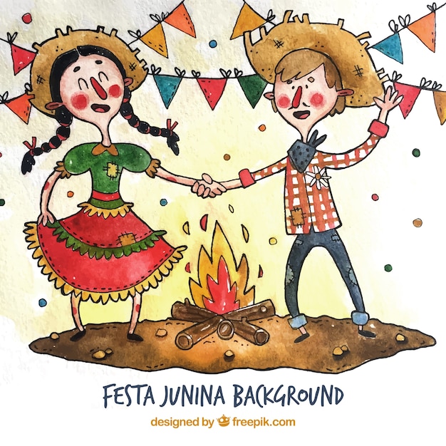 Festa junina paar feestje van waterverf dansen