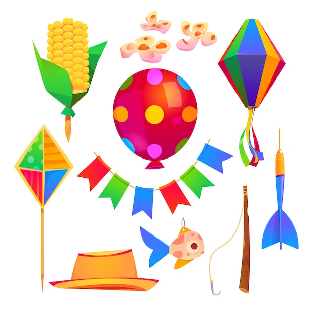 Gratis vector festa junina party cartoon elementen hoed, vlieger, vlaggenslinger en hengel met haak en vis, ballon, papieren lantaarn en darts met maïs op stok, bloemen