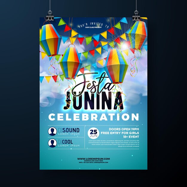 Festa Junina Party Flyer Illustratie met papieren lantaarn en vlag op blauwe bewolkte hemelachtergrond