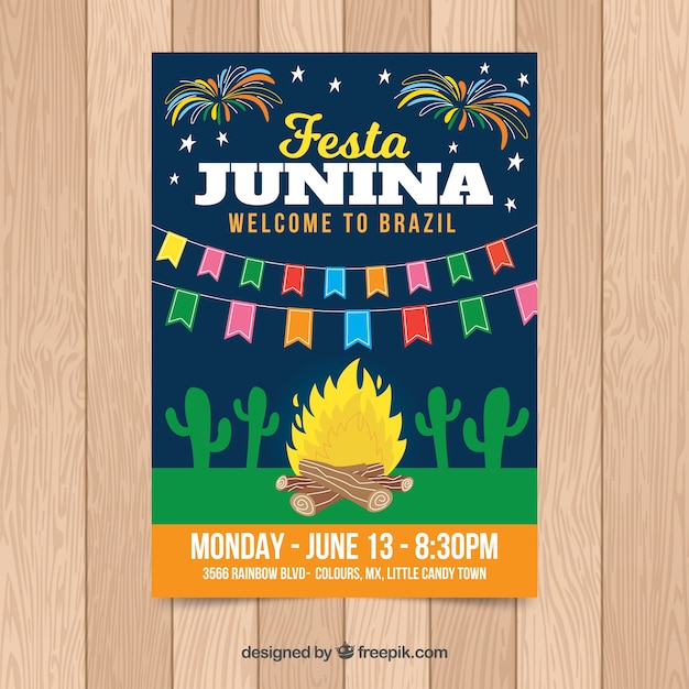 Festa Junina-posteruitnodiging met kampvuur bij nacht