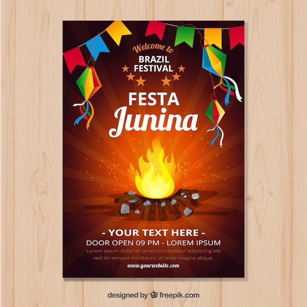 Gratis vector festa junina-posteruitnodiging met kampvuur