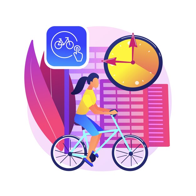 Fiets delen abstract concept illustratie. Openbare fietsverhuur, applicatie voor het delen van fietsen, groen stadsvervoer, online een rit boeken, ecologisch stadsvervoer.