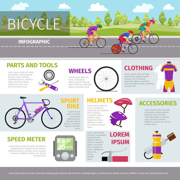 Fiets vector infographic sjabloon in vlakke stijl. sportactiviteit, race en uniform, helm en flesillustratie