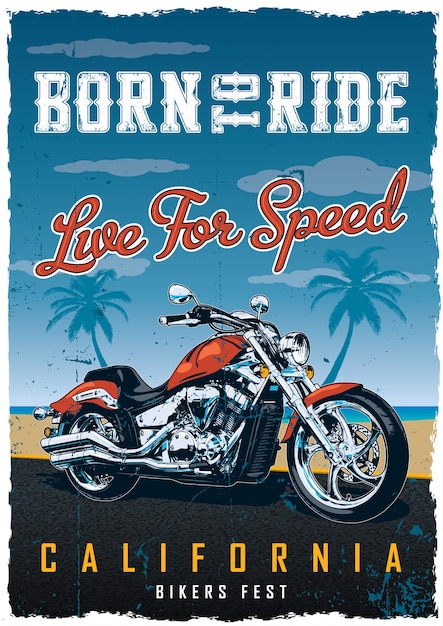 Fietsers fest poster met motorfiets op de weg met strand
