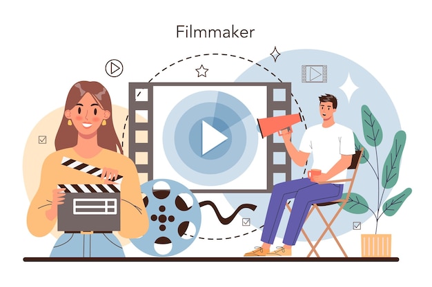 Filmregisseur concept Filmregisseur leidt een filmproces Klepel en camera-apparatuur voor het maken van films Idee van creatieve mensen en beroep Platte vectorillustratie