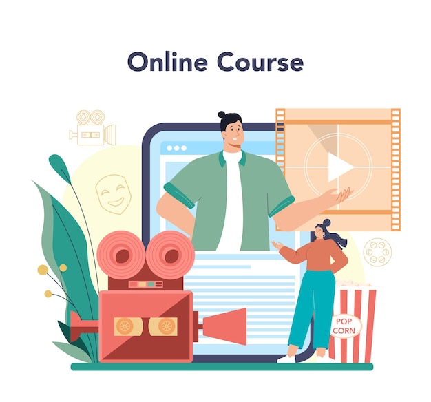 Filmregisseur online service of platform Filmregisseur leidt een filmproces Professionele multimedia-apparatuur Online cursus Platte vectorillustratie