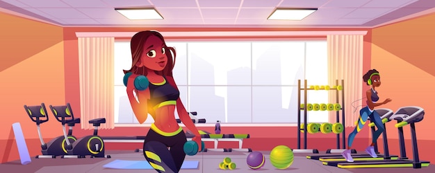 Fit zwarte vrouw in sport sportschool voor training oefening illustratie Mensen doen cardiotraining en halter aerobic in atleet studio voor gezond lichaam Jonge slanke vrouwelijke persoon in sportkleding joggen