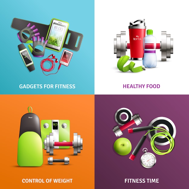 Fitness gym concept icons set