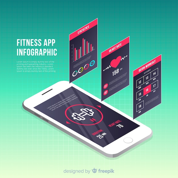 Gratis vector fitness mobiele app infographic sjabloon isometrische stijl