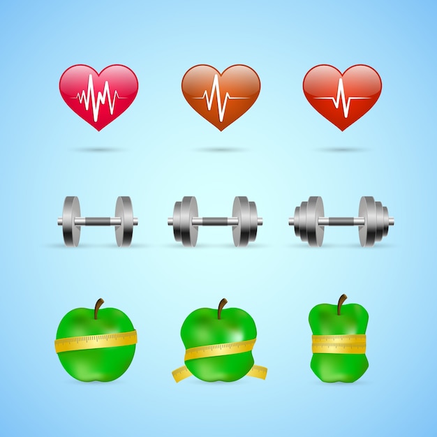 Fitness oefeningen vooruitgang pictogrammen set van hartslagsterkte en slankheid geïsoleerde vector illustratie