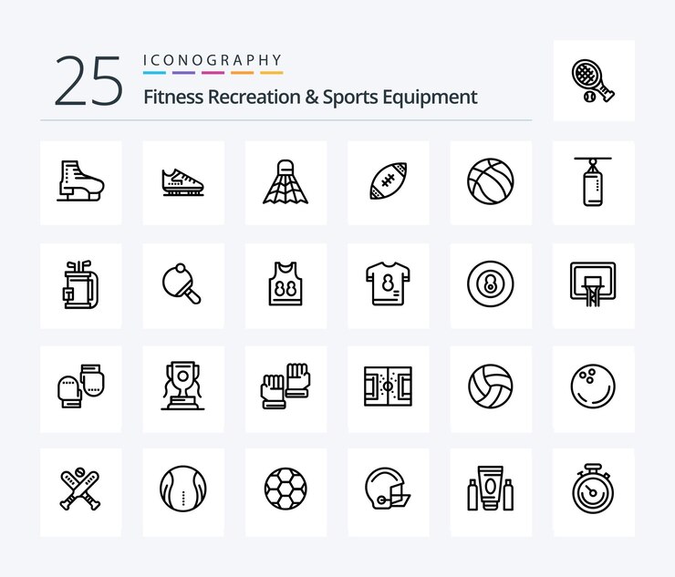 Gratis Vector fitness recreatie en sportuitrusting 25 line icon pack inclusief sportbasketbal spelbal nfl