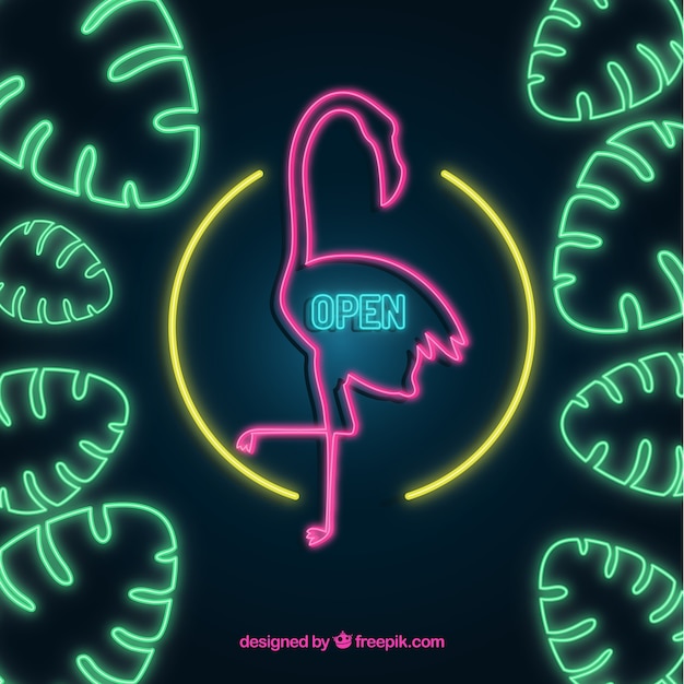 Gratis vector flamingo-neon met planten en roze licht