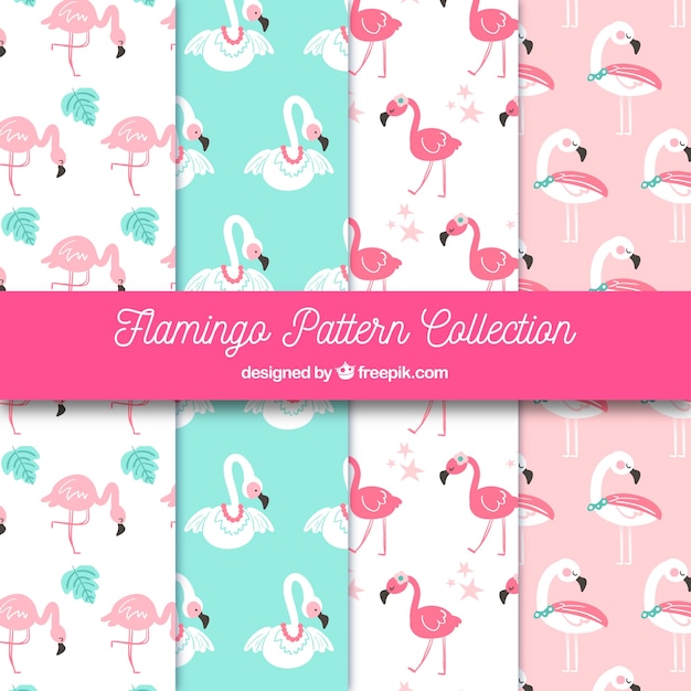 Gratis vector flamingo's patronen collectie in de hand getrokken stijl