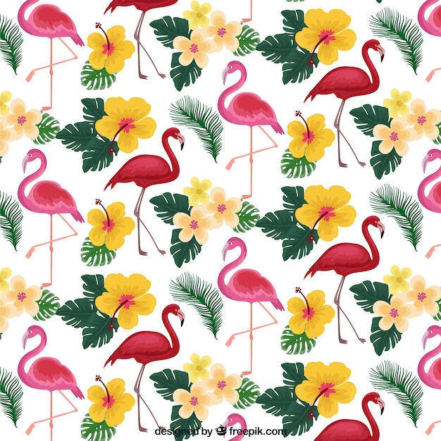 Flamingo's patroon met planten en bloemen in de hand getrokken stijl