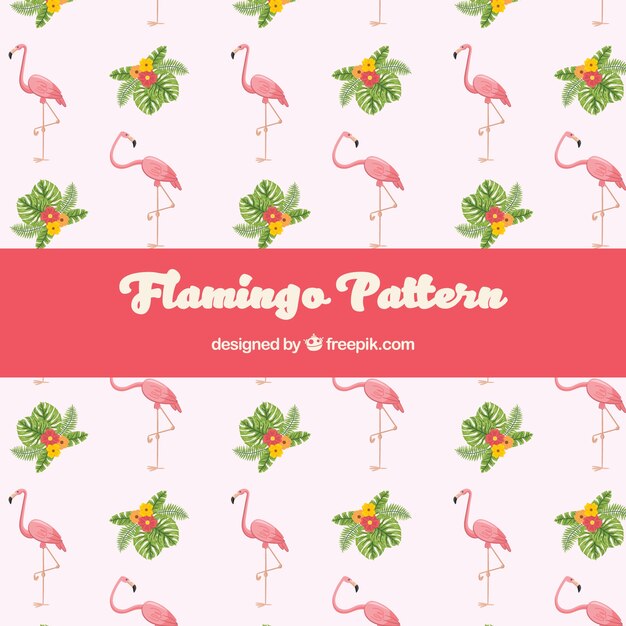 Flamingo&#39;s patroon met planten in de hand getrokken stijl