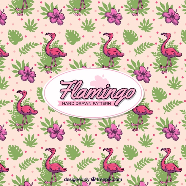 Flamingo's patroon met planten in de hand getrokken stijl