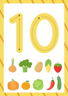 Flashcard voor het leren van getallen met cartoon vector groenten en fruit. hoe nummer tien te schrijven