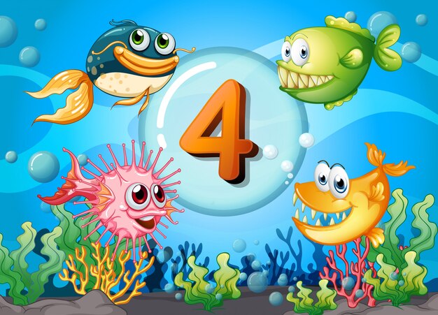 Flashkaart nummer 4 met 4 vissen onder water