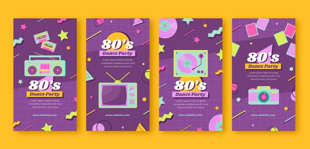 Gratis vector flat 80's themafeest instagram verhalencollectie