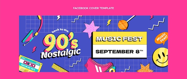 Flat 90s nostalgische muziekfestival facebook cover