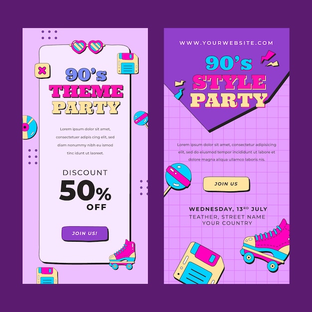 Gratis vector flat 90s party verticale banners pack