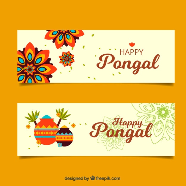 Flat banners met mandala's en sierpotten voor pongal