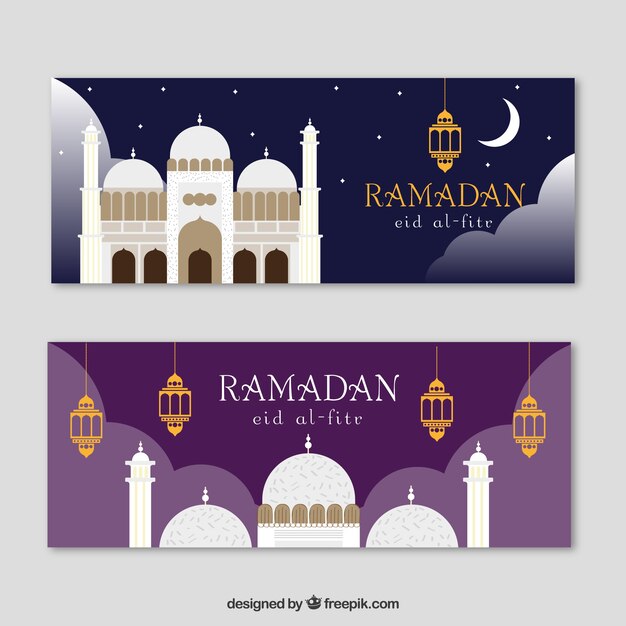 Flat banners met moskee voor ramadan