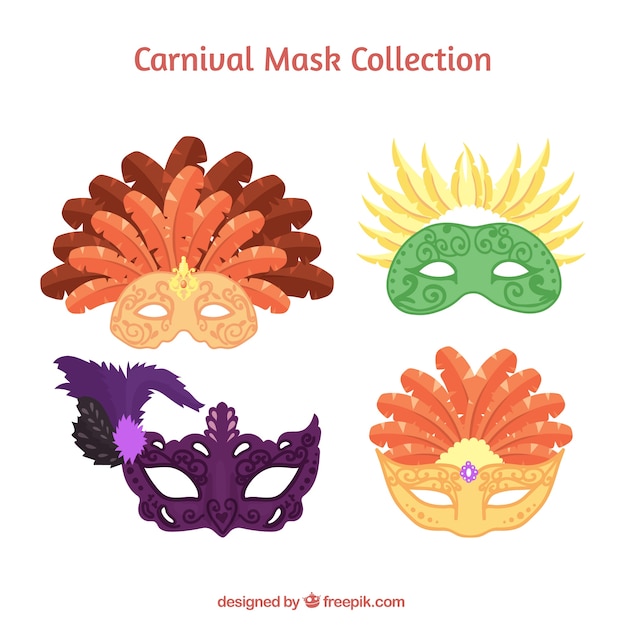 Flat carnaval maskers met decoratieve veren