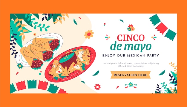 Flat cinco de mayo horizontale banner sjabloon met tacos en burritos