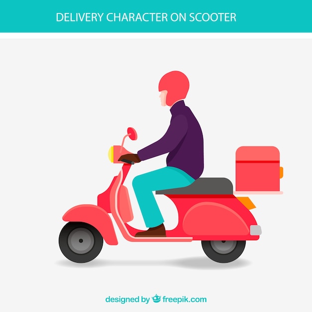 Gratis vector flat delivery man op vintage scooter