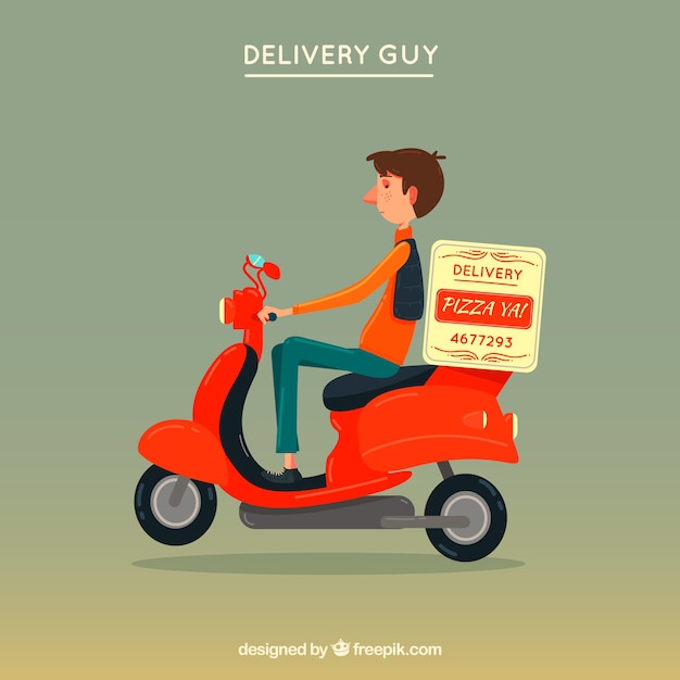 Gratis vector flat delivery man op vintage scooter