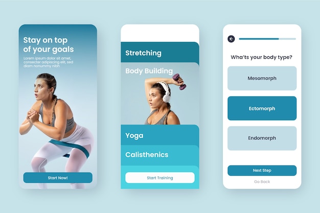 Gratis vector flat design fitness app sjabloon