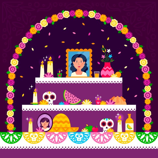 Flat dia de muertos familie huis altaar illustratie