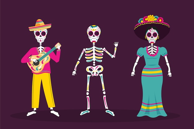 Flat dia de muertos karakterelementen collectie