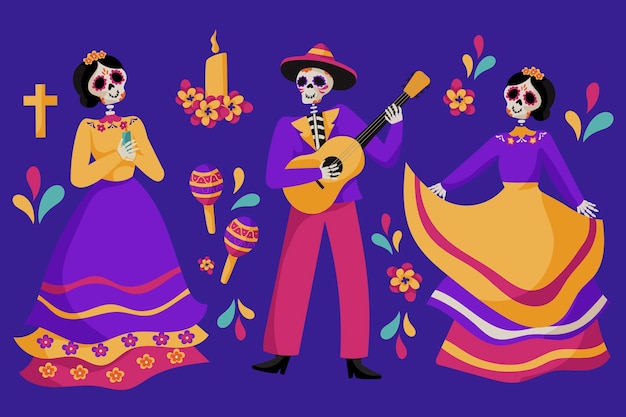 Flat dia de muertos karakterelementen collectie