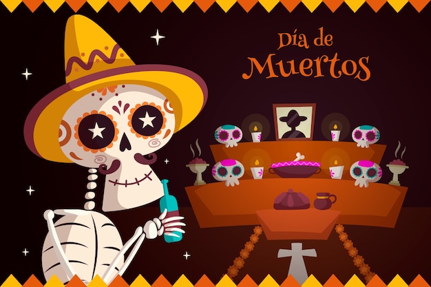 Flat día de muertos op altaarachtergrond