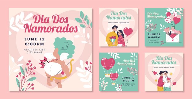 Gratis vector flat dia dos namorados instagram posts collectie