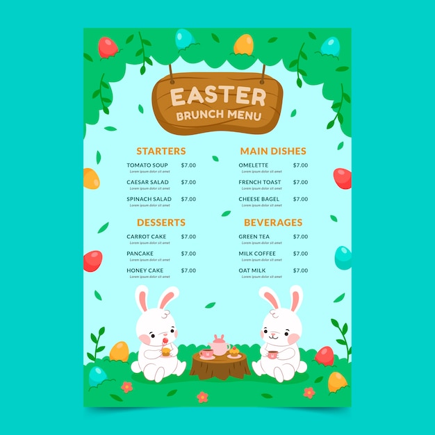 Gratis vector flat easter brunch menu sjabloon met konijnen